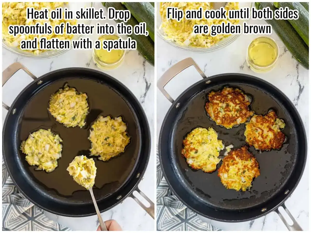 Tortitas de calabac&iacute;n dor&aacute;ndose en sart&eacute;n con aceite caliente. Se ve la masa lista para fre&iacute;r y los calabacines frescos.