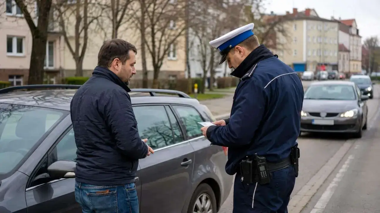 Policjant kontroluje dokumenty kierowcy przy samochodzie. Może to być kontrola drogowa związana z 180a kk.