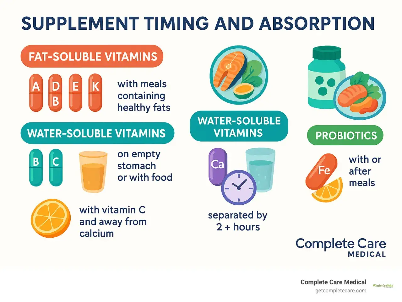 Vitamines liposolubles avec repas gras, hydrosolubles &agrave; jeun ou avec nourriture. Le calcium et le fer sont des sels min&eacute;raux &agrave; prendre s&eacute;par&eacute;ment.