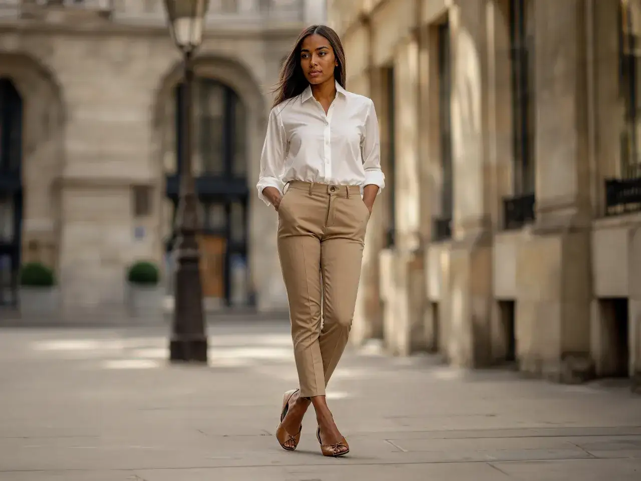 Eine Frau in einem weißen Hemd und beigen Hosen, die elegant durch eine Stadtstraße geht. Das Outfit verkörpert den smart casual Stil.
