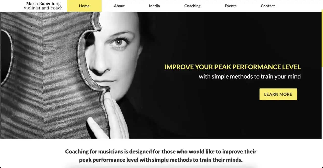 Maria Rabenberg's music website, featuring her portrait and violin, offers coaching to build peak performance.