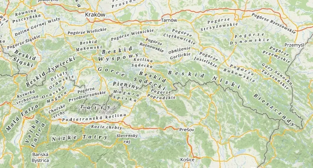 Mapa Polski z zaznaczonymi pasmami g&oacute;rskimi