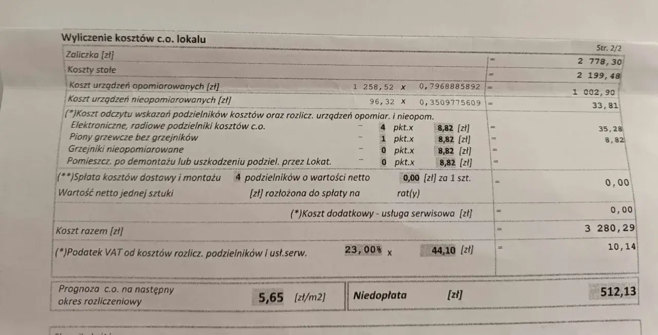wysoka niedopłata ogrzewanie rachunek