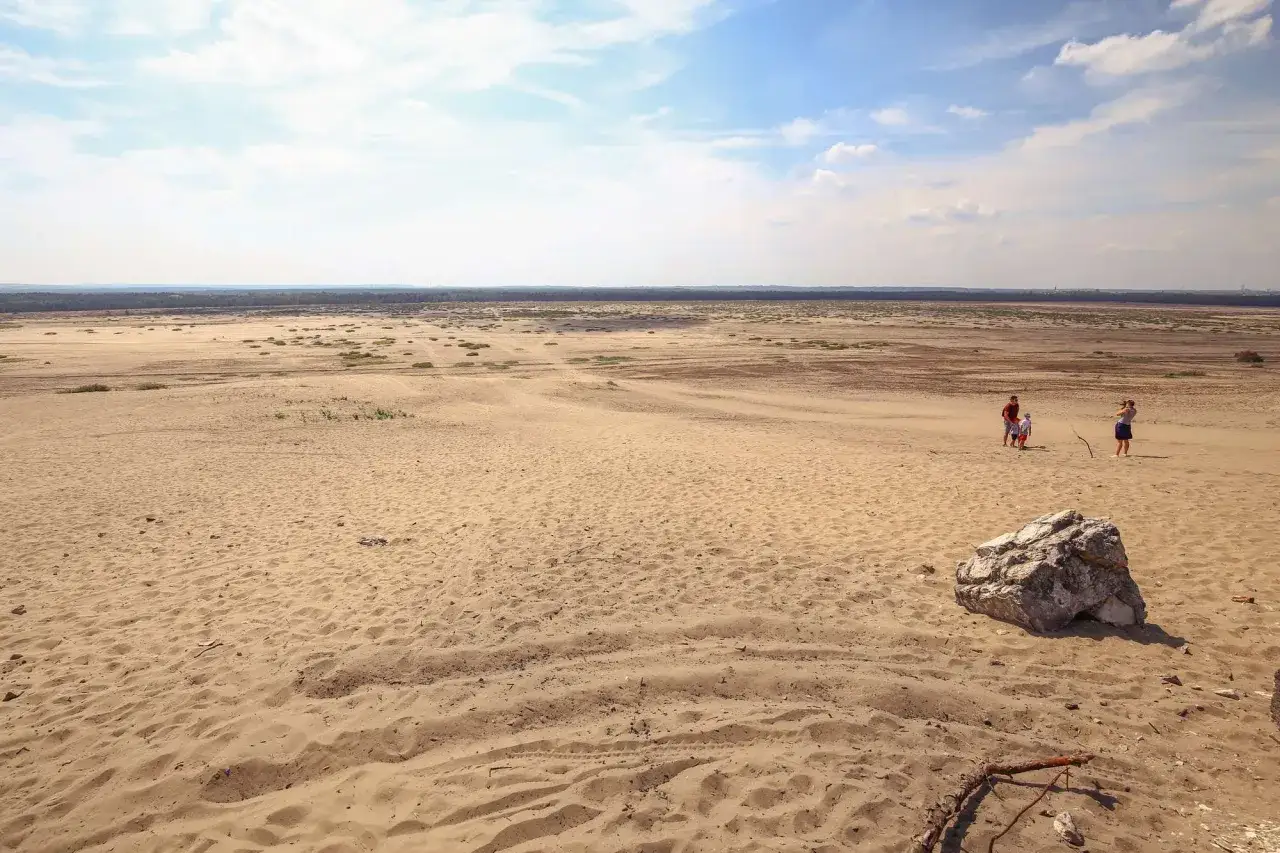 Rodzina spaceruje po wydmach. W Polsce są 3 pustynie, a ta wygląda jak prawdziwa Sahara.
