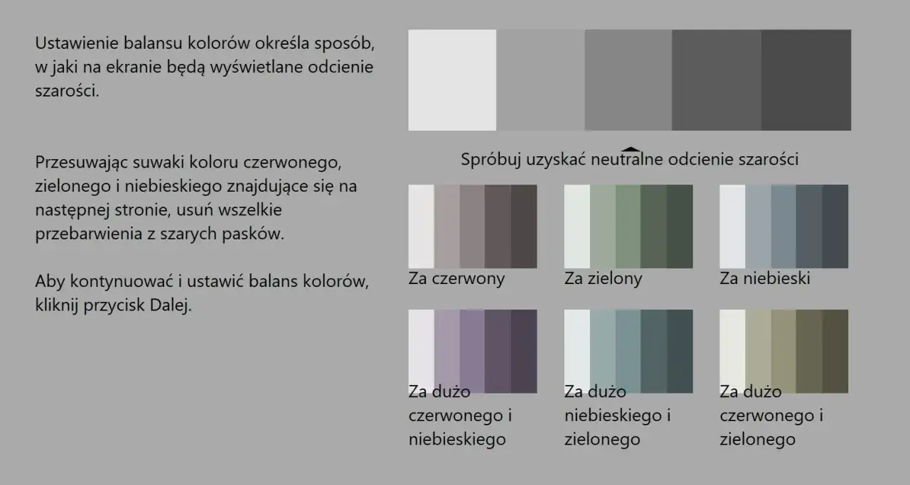 Instrukcja kalibracji ekranu laptopa: dopasuj suwaki koloru, by uzyskać neutralne odcienie szarości.
