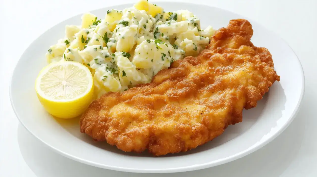 Ein goldbraunes Wiener Schnitzel mit Kartoffelsalat und einer Zitronenspalte auf einem weißen Teller.