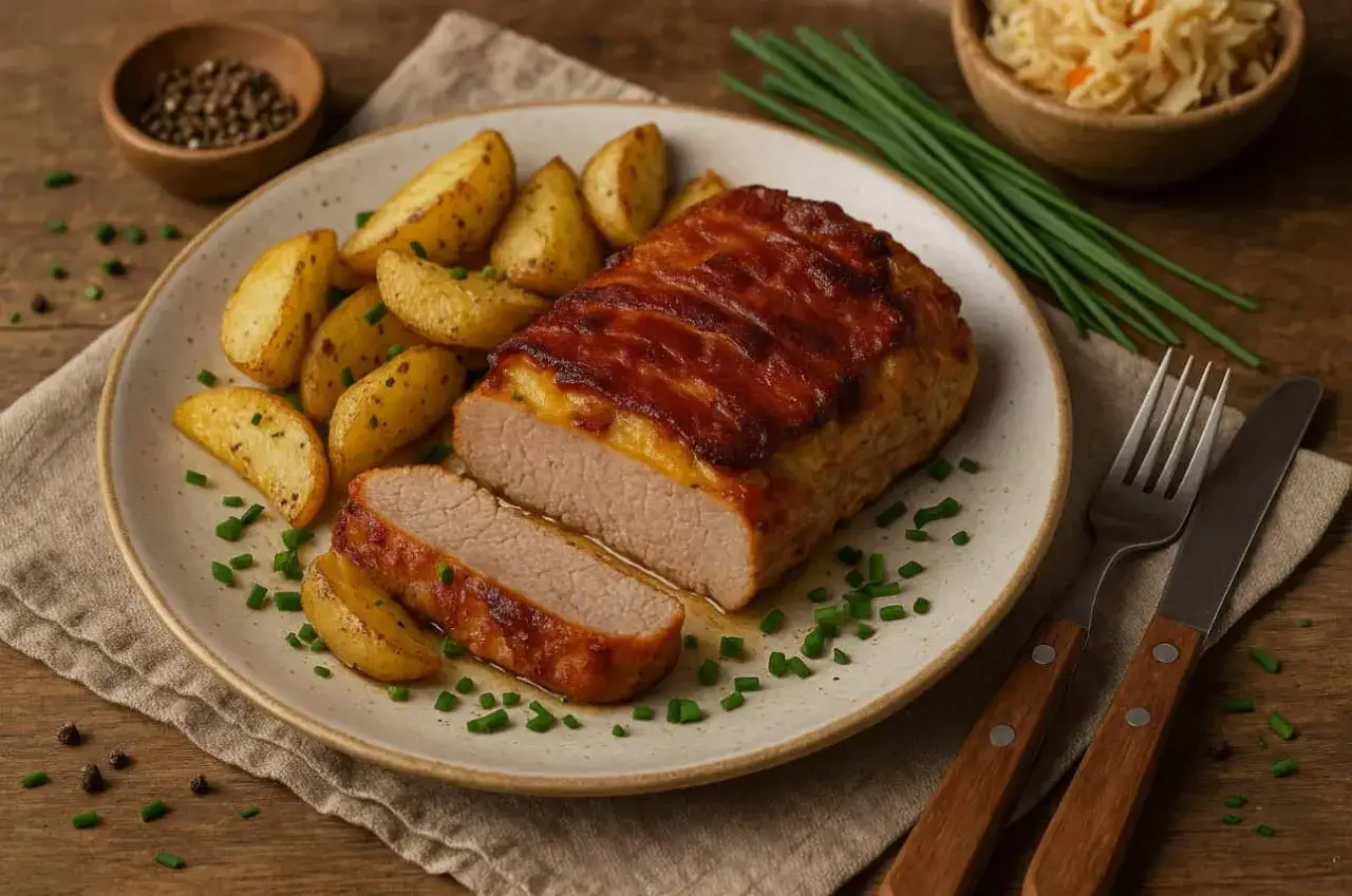 Schab po góralsku, pieczony z boczkiem, podany z ziemniakami i szczypiorkiem. Pyszne danie, które zachwyci każdego smakosza.