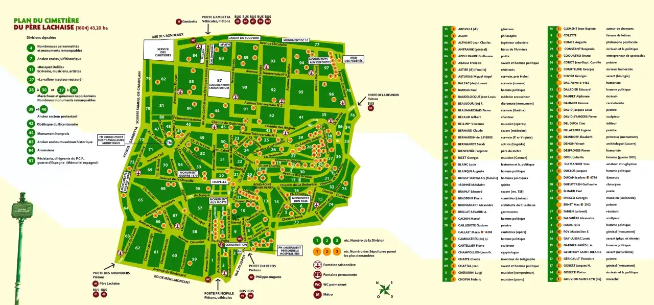 Plan cmentarza Père Lachaise z zaznaczonymi alejkami, grobami znanych osób i zabytkami.
