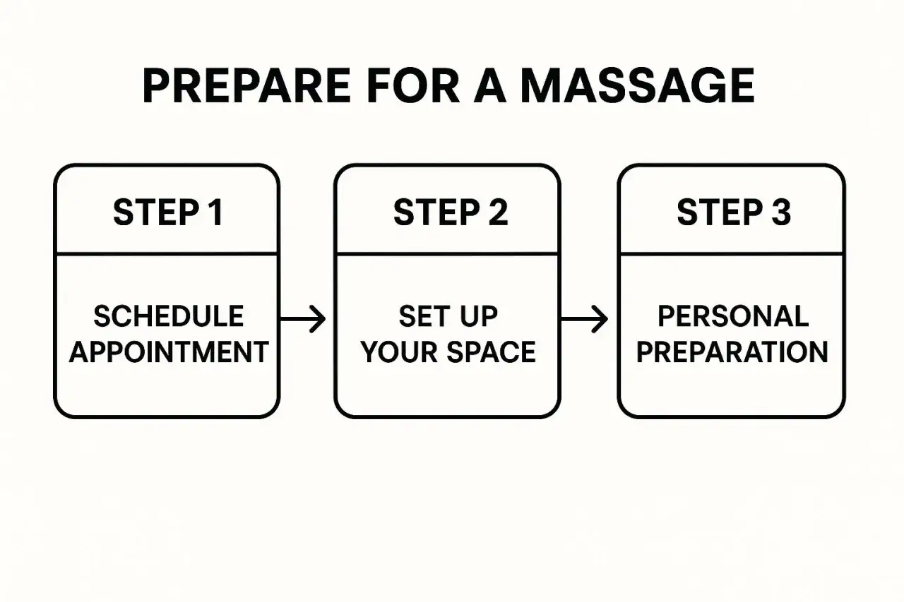 Steps for a relaxing massage: schedule appointment, set up your space, and personal preparation.