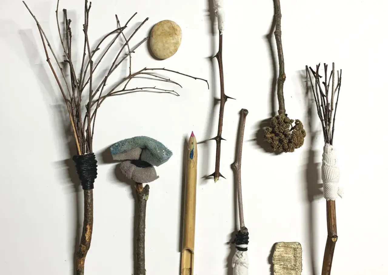 A whimsical drawing of nature's tools: twigs bound like brooms, a spiky branch, a pebble, and a decorated pencil.