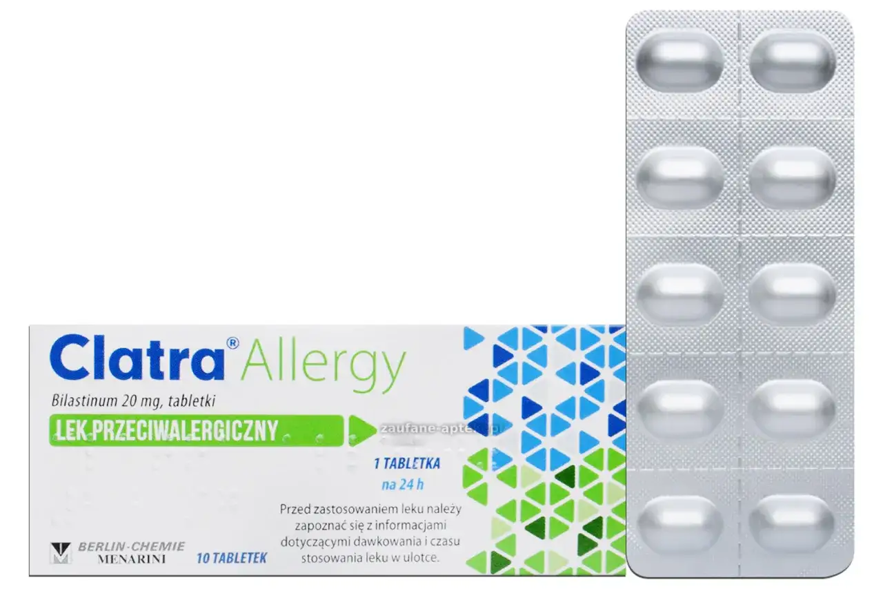 Opakowanie leku Clatra Allergy i blister z tabletkami. Clatra jak szybko działa, łagodząc objawy alergii przez 24 godziny.