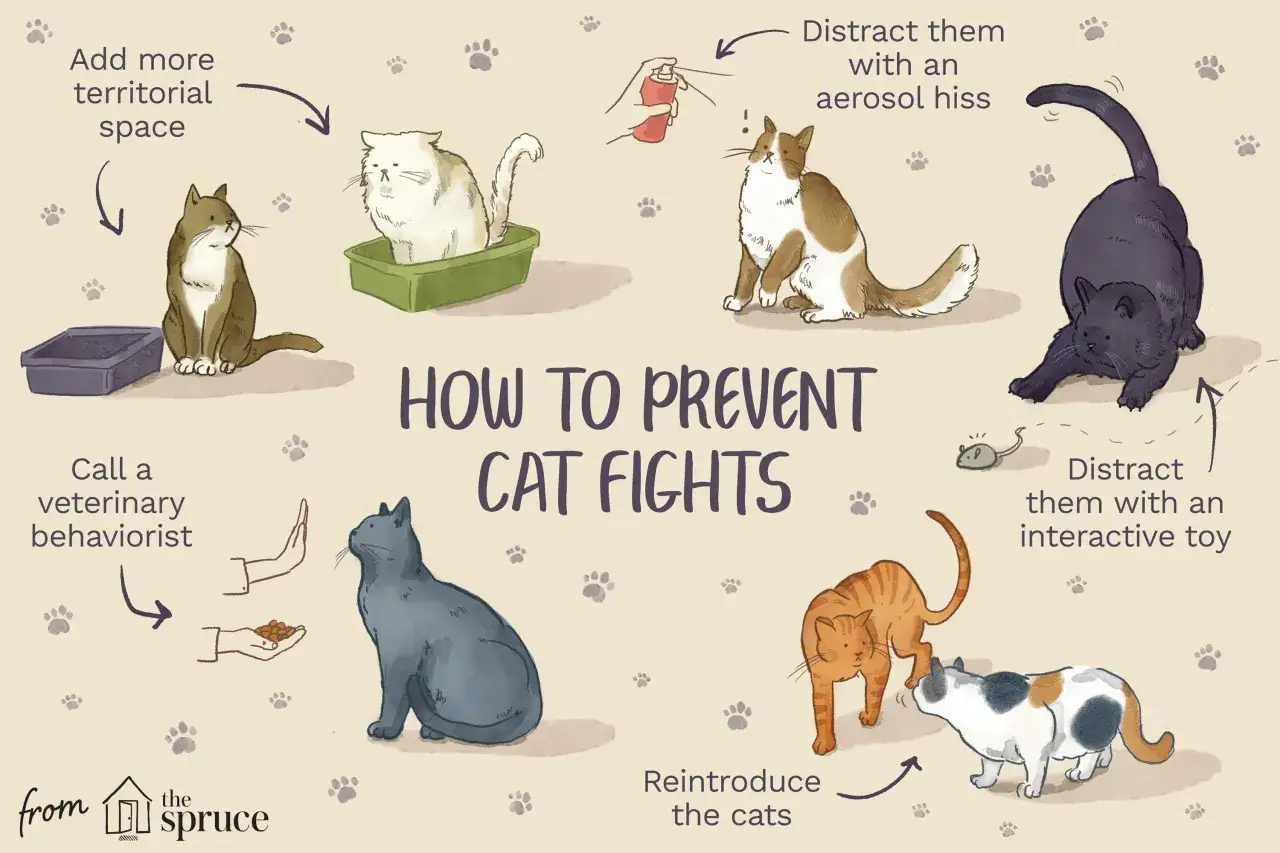 An orange tabby cat is about to attack a calico cat, illustrating how to prevent cat fights.