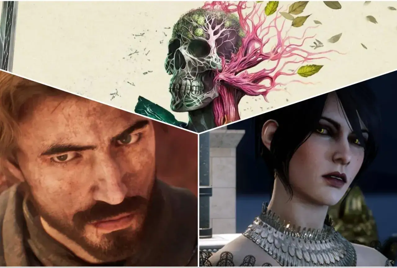 Mroczne gry RPG na Xboxa: czaszka z drzewem, groźny mężczyzna i kobieta z żółtymi oczami.