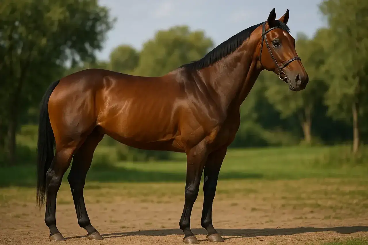 Magnifique cheval pur sang bai, musclé et fier, se tient dans un pré verdoyant sous un ciel bleu.