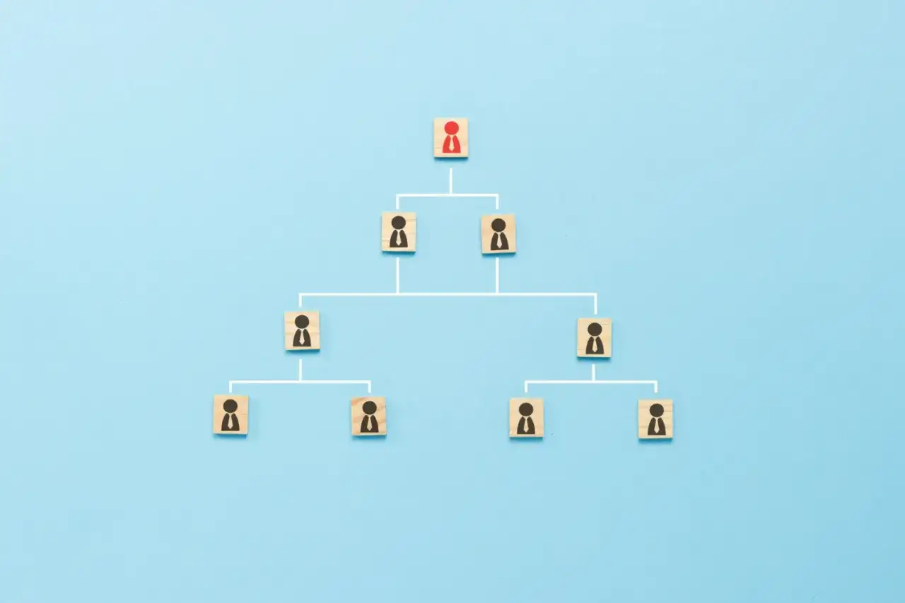 Diagrama de organigrama con un l&iacute;der rojo en la cima, mostrando la **comunicaci&oacute;n vertical** a trav&eacute;s de niveles de figuras humanas en cubos de madera.