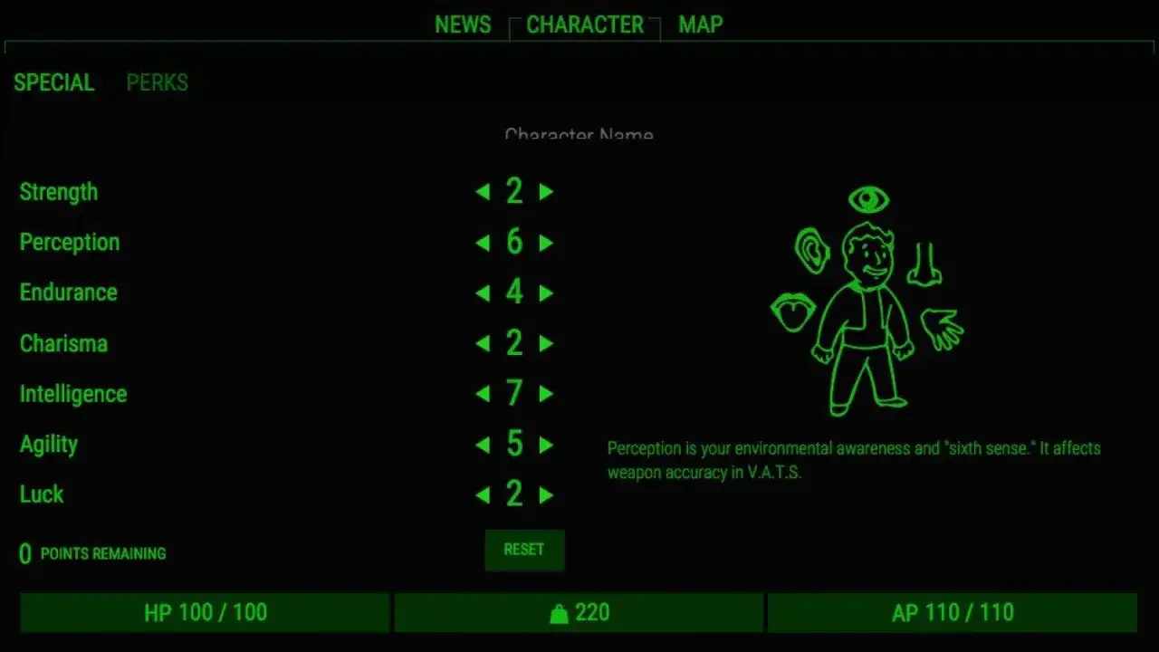 Estadísticas de SPECIAL y perks de Fallout 4. El personaje tiene baja Fuerza y Suerte, pero alta Inteligencia.