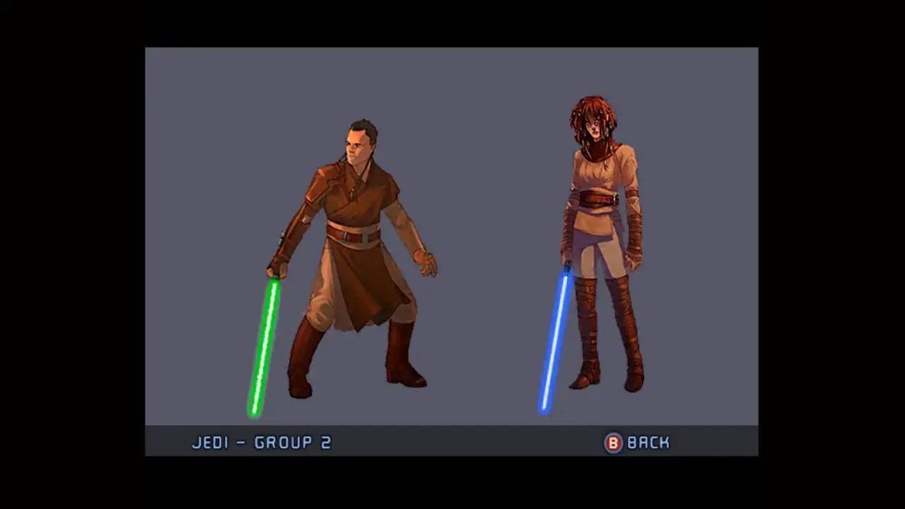 Dw&oacute;ch rycerzy Jedi, mężczyzna z zielonym mieczem świetlnym i kobieta z niebieskim, gotowi do walki. Star Wars Jedi 3.