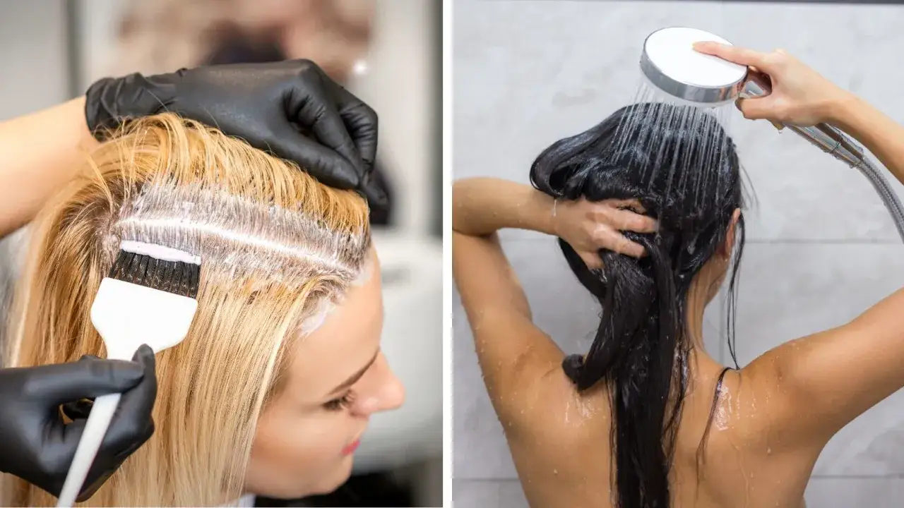 Manos con guantes aplican tinte rubio. Otra mujer se enjuaga el pelo oscuro en la ducha. ¿Cada cuánto tiempo se puede teñir el pelo?