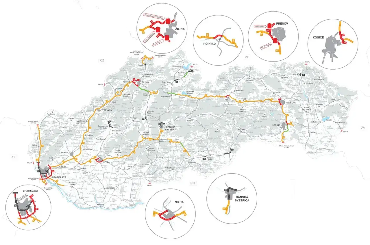 Mapa Słowacji z zaznaczonymi drogami i miastami. Winieta to opłata za korzystanie z autostrad.