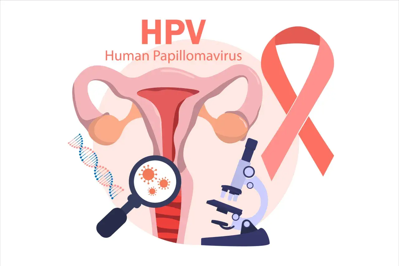 Grafika przedstawia kobiece narządy rozrodcze, wirusy HPV pod lupą, mikroskop i wstążkę symbolizującą profilaktykę, np. szczepionkę Gardasil.