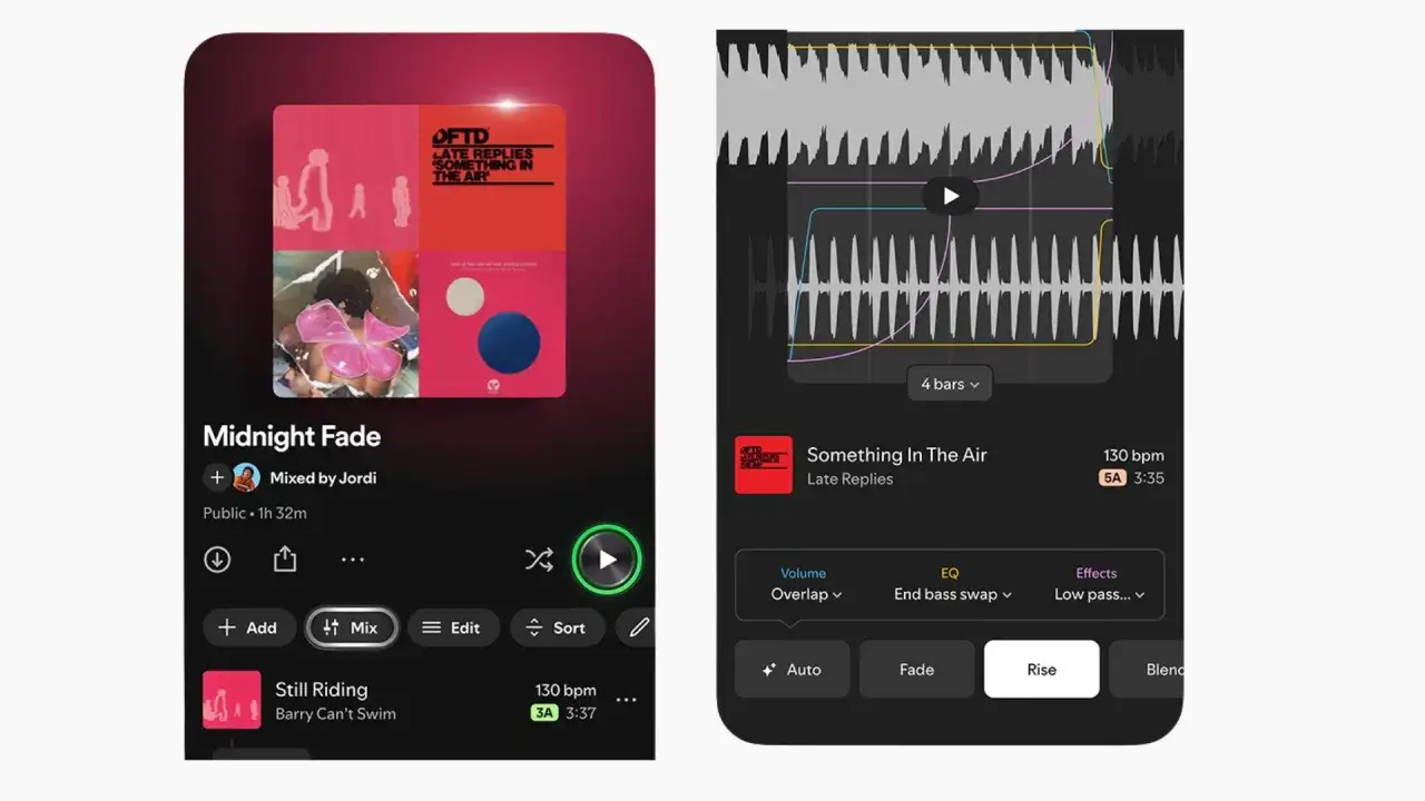 Spotify Jam Session: Eine Playlist wird gemischt, während im Hintergrund eine Musikbearbeitungsansicht mit Wellenformen und Effekten zu sehen ist.