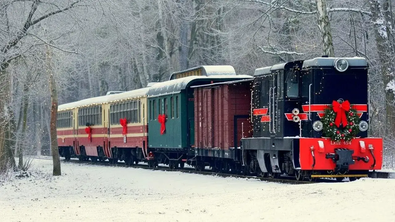 Świąteczny pociąg turystyczny w zimowej scenerii, ozdobiony girlandami i światełkami, gotowy na podróż przez zaśnieżony las.
