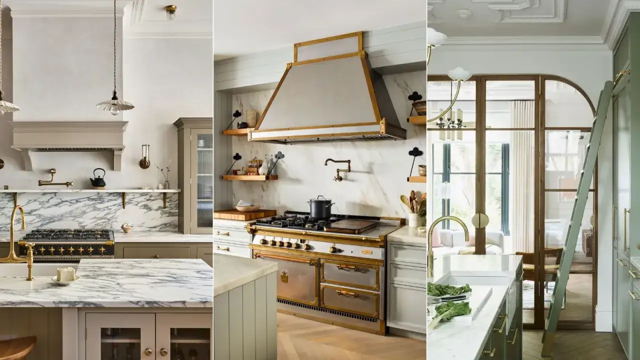 Trois cuisines élégantes : une avec un îlot en **cuisine marbre blanc et bois**, une autre avec une hotte imposante et des étagères en bois, et une troisième avec une verrière et un escalier.