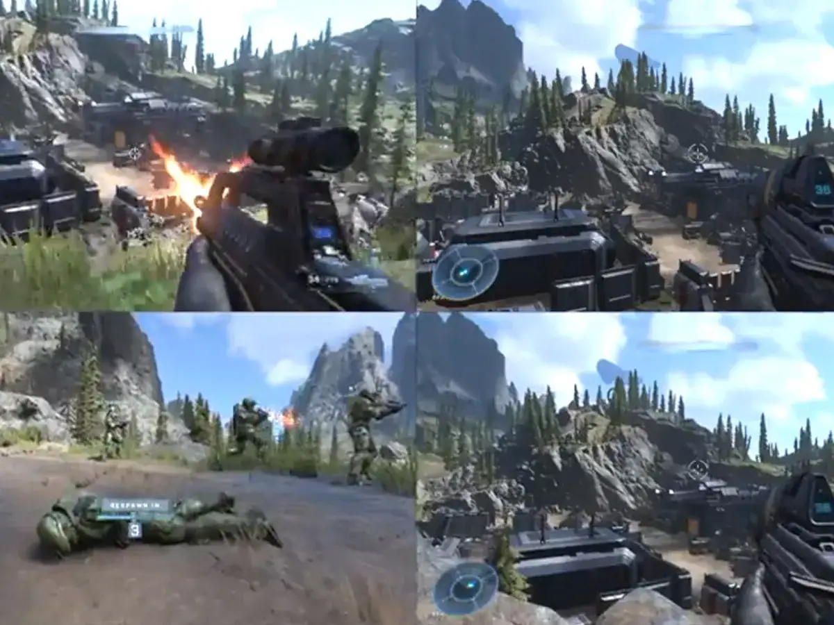 Gry na dwa pady na Xboxie: widok z perspektywy gracza w grze Halo Infinite, z akcją i walką w tle.