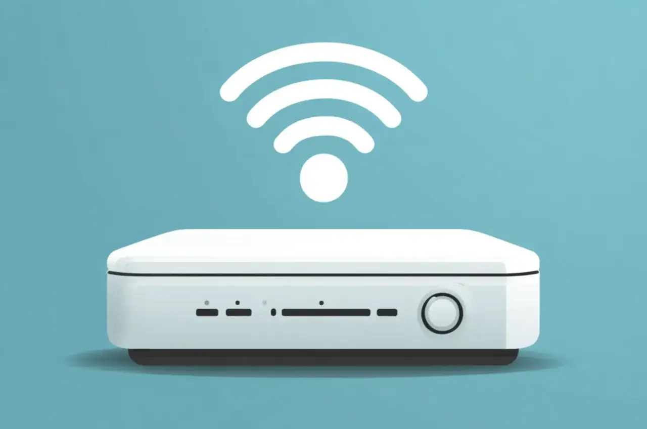 Ein weißer Router mit schwachen WLAN-Signalen. Das Symbol deutet auf schlechtes Internet hin, frustrierend für Online-Aktivitäten.
