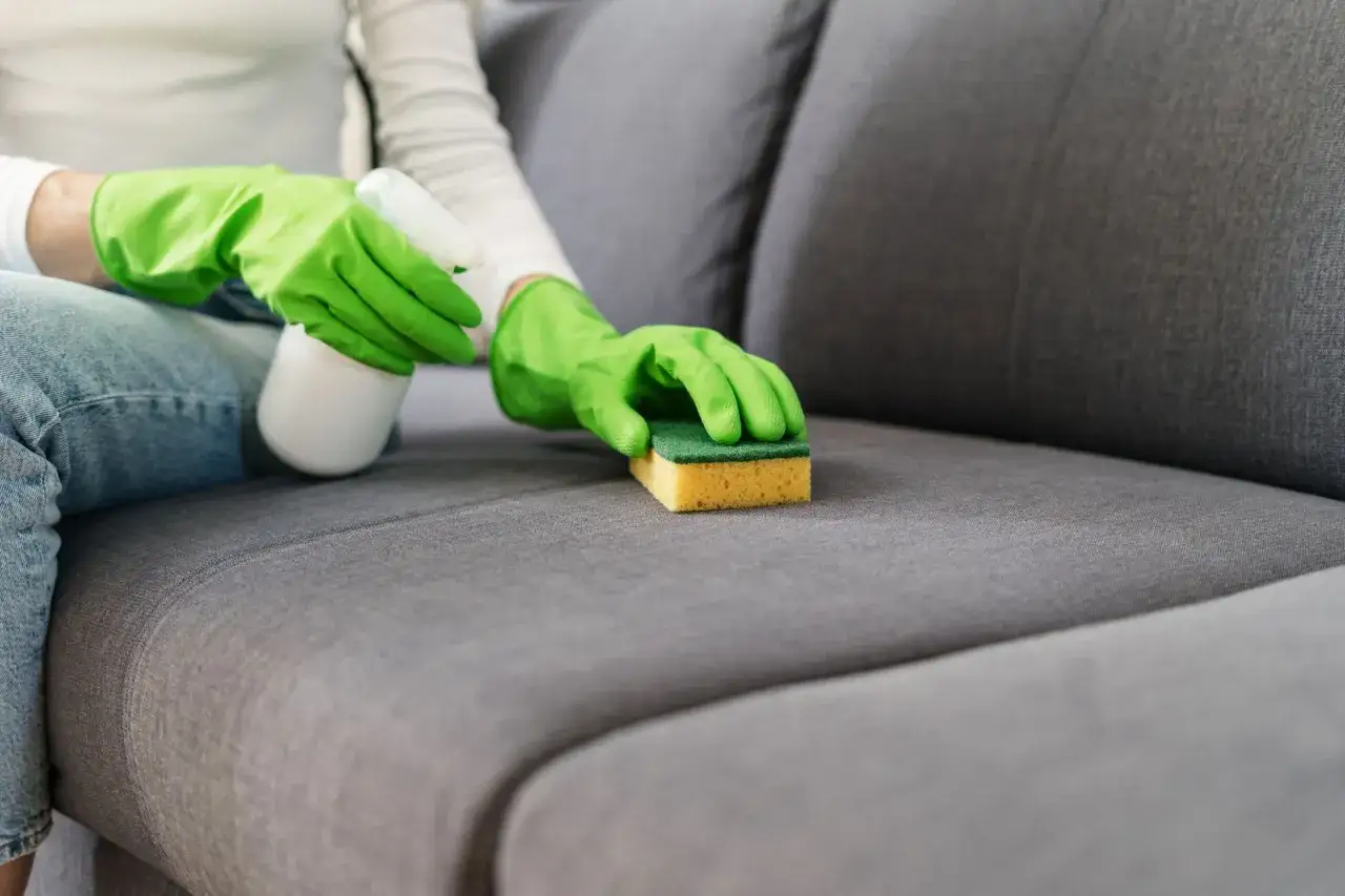 Main verte, une &eacute;ponge nettoie une tache aur&eacute;ole sur un canap&eacute; en tissu gris.