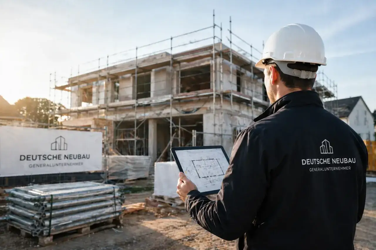 Bauleiter prüft Baupläne auf Tablet vor Neubau. Die Hauspreise Neubau steigen, aber hier entsteht ein Traumhaus.