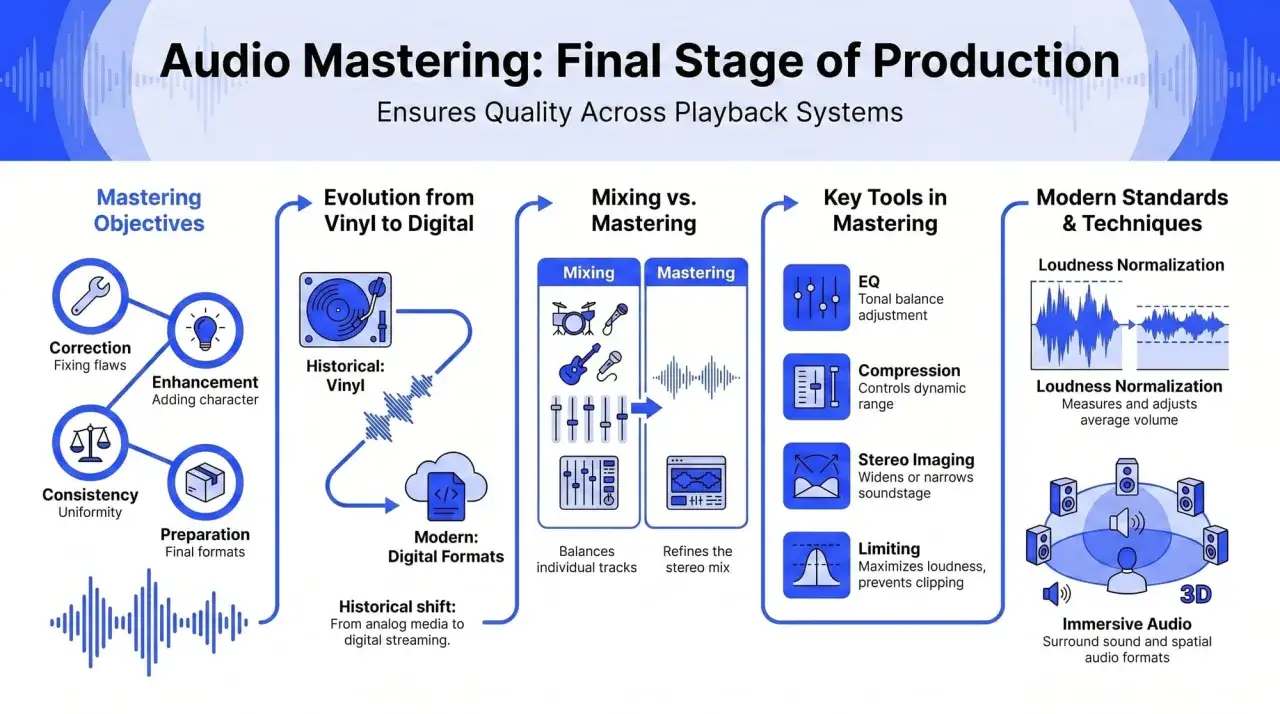 Diagramm erklärt Audio Mastering: Ziele (Korrektur, Verbesserung, Konsistenz, Vorbereitung), Entwicklung von Vinyl zu Digital, Mixing vs. Mastering, Werkzeuge (EQ, Kompression, Stereo Imaging, Limiting) und moderne Techniken wie Loudness Normalization ...