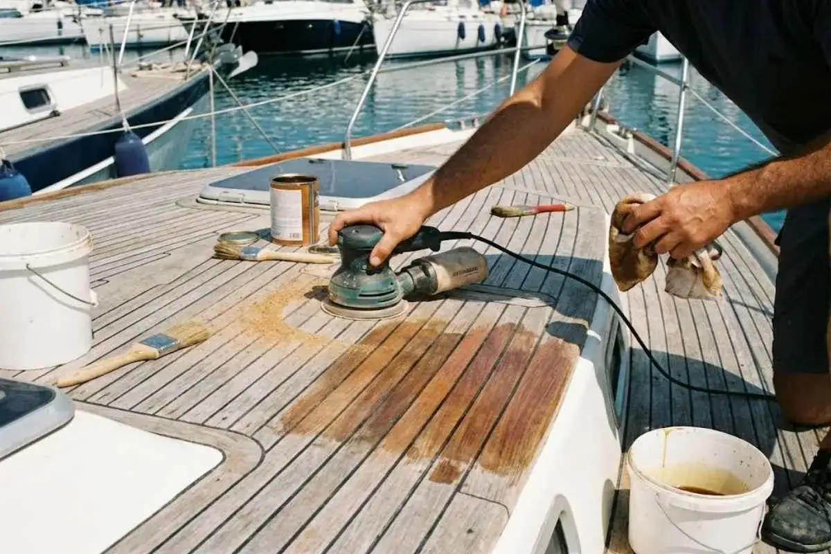Mann schleift das Teak Deck eines Bootes, um es f&uuml;r die Pflege vorzubereiten.