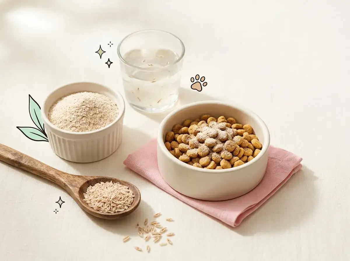 Un bol de croquettes pour chien saupoudrées de psyllium, une cuillère de grains, un verre d'eau et une coupelle de poudre.