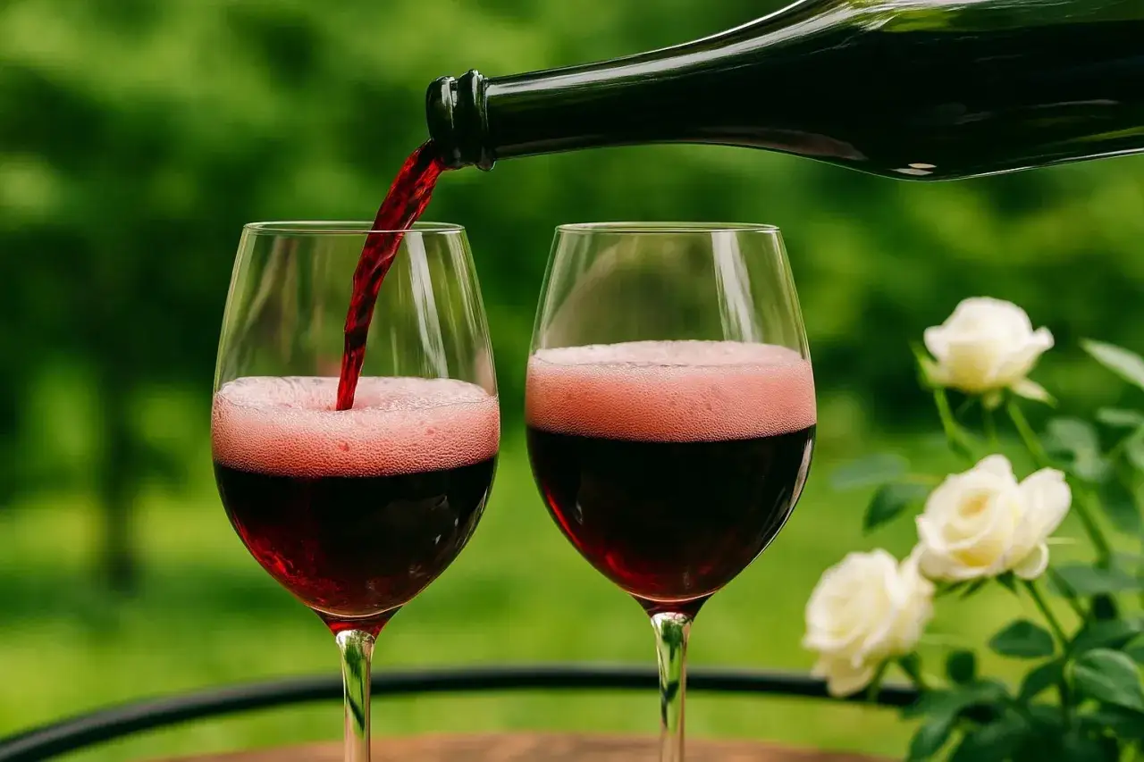 Rotwein wird in zwei Gl&auml;ser gegossen, ein Glas bildet Schaum. Ein Hauch von Lambrusco Rotwein, umgeben von wei&szlig;en Rosen.