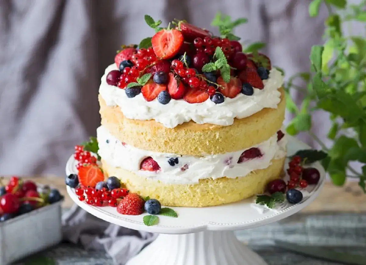 Puszysty tort z bitą śmietaną i mascarpone, przełożony owocami leśnymi i udekorowany świeżymi truskawkami, malinami i borówkami.