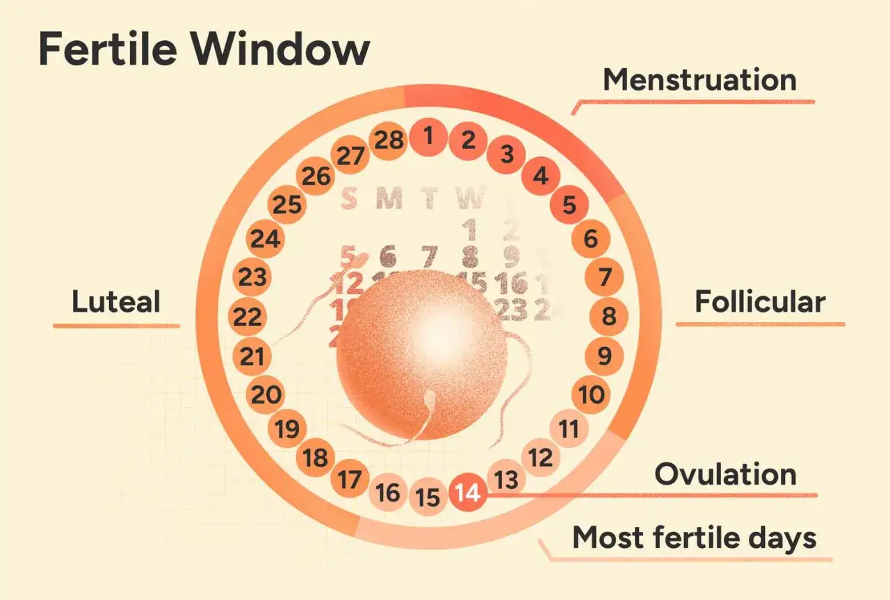 Zyklus-Diagramm zeigt fruchtbare Tage. Die fruchtbarsten Tage sind um den 14. Tag, also kurz nach dem Eisprung.