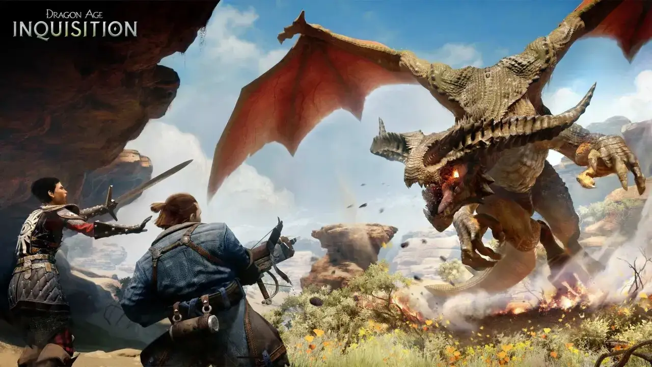 Smok atakuje Inkwizycję. Bohaterowie walczą z bestią, gotowi na każde wyzwanie w Dragon Age: Inkwizycja spolszczenie.