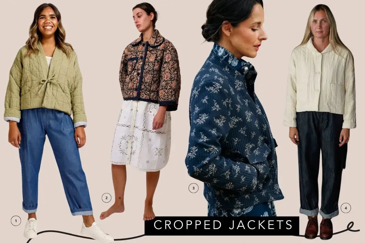 Quatre vestes courtes matelassées, une idée couture pour un style unique. Tissu imprimé floral, uni ou à motifs géométriques.