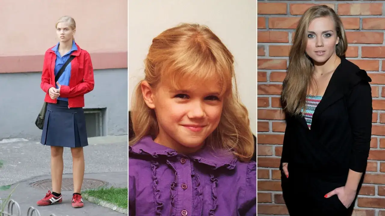 Trzy odsłonowe zdjęcie Bożenki z Klanu: jako dziecko, nastolatka w szkolnym mundurku i młoda kobieta.