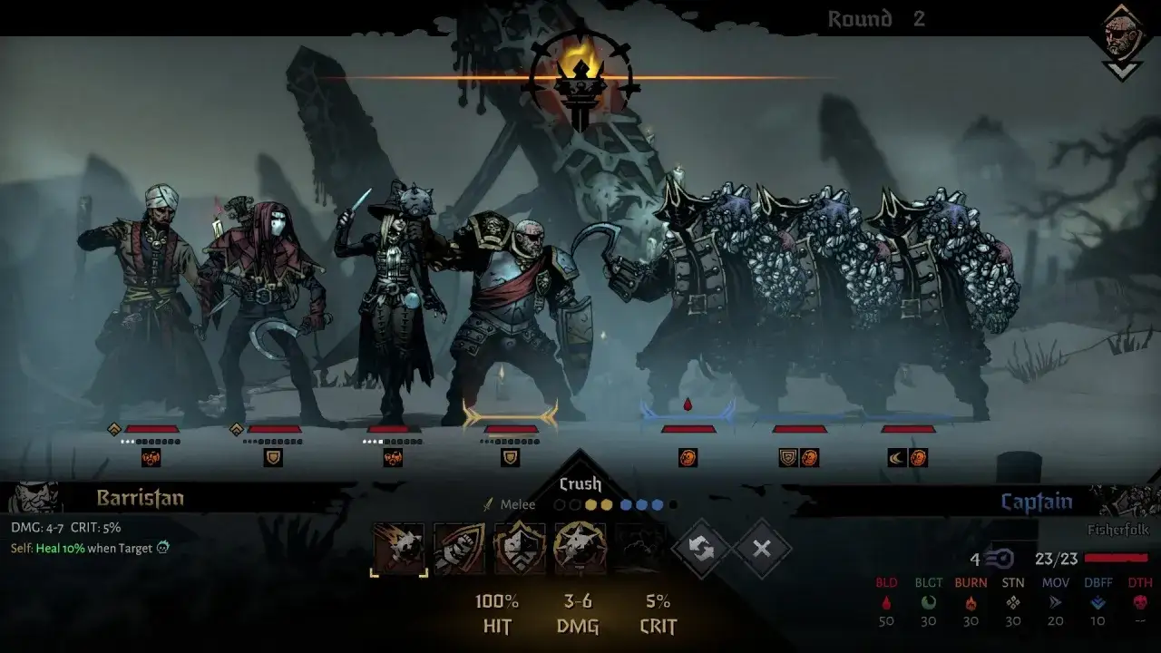 Postacie z gry Darkest Dungeon 2 walczą z Kapitanem i jego rybakami.