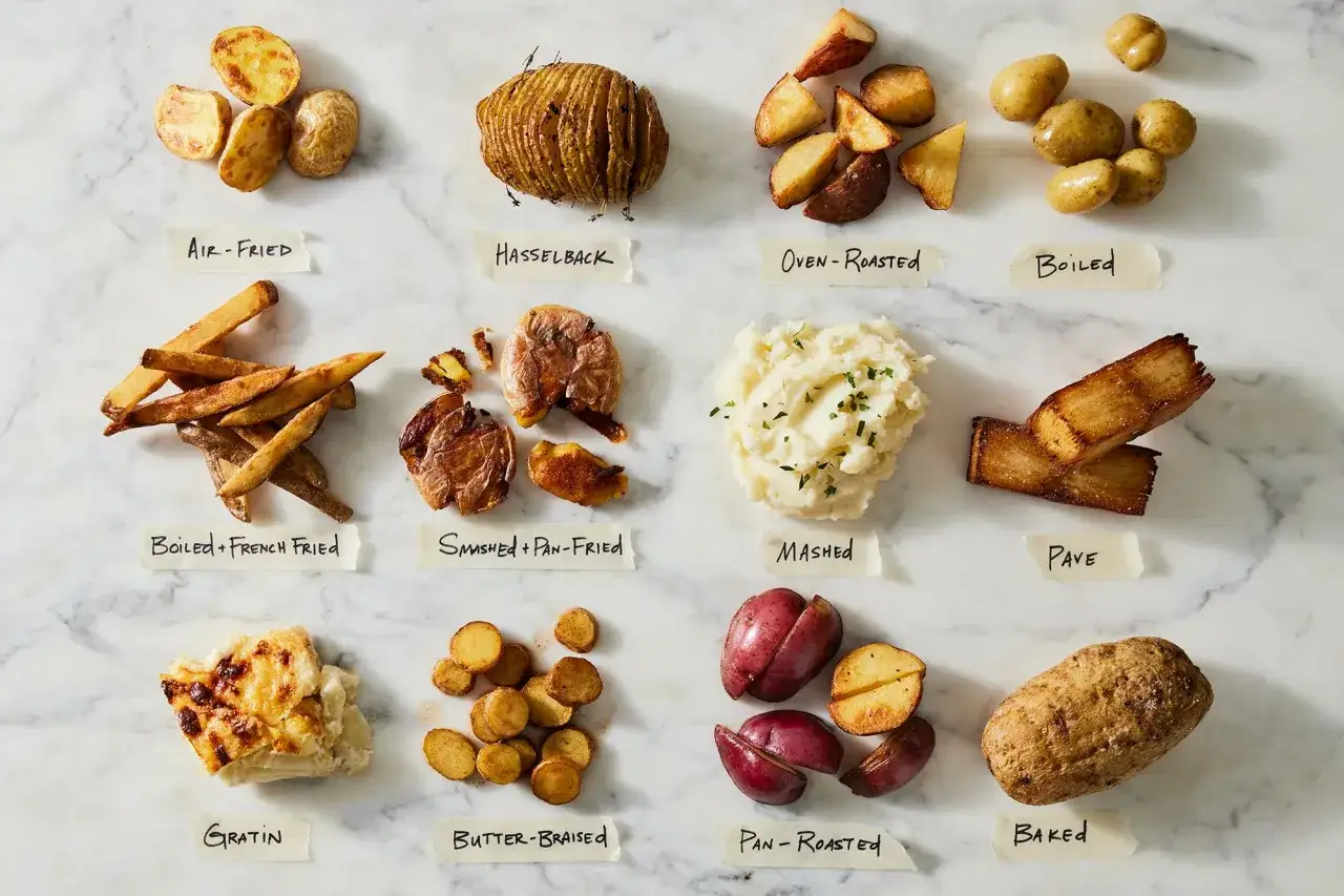 Diverses pr&eacute;parations de pommes de terre : frites, pur&eacute;e, gratin, etc. La question 