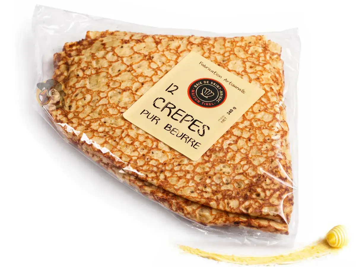 Douze cr&ecirc;pes pur beurre emball&eacute;es, parfaites pour une recette facile type Marmiton. Un d&eacute;lice artisanal !