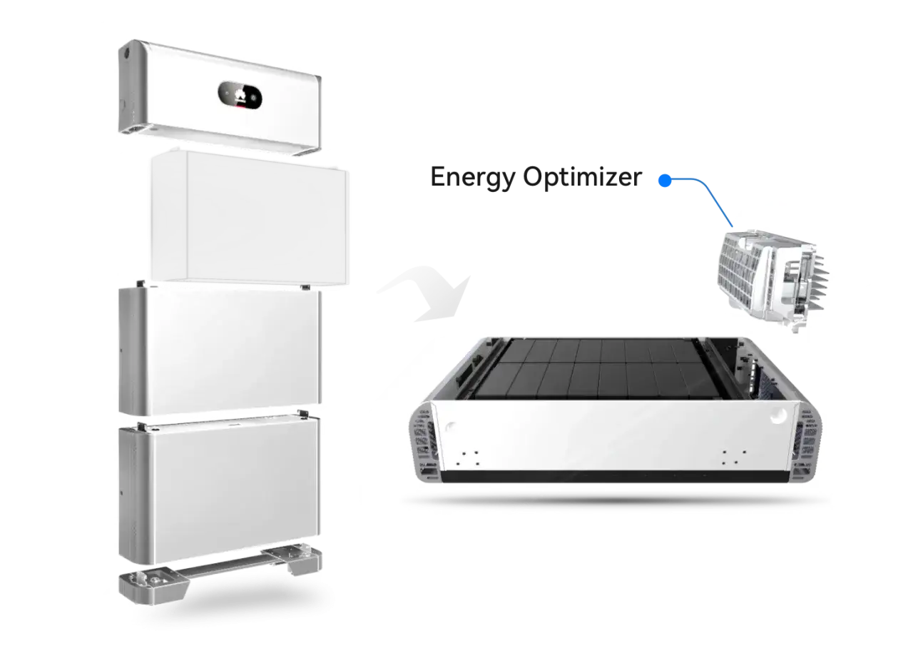 Exploderad bild av ett Huawei batteri 5 kWh system. Visar hur moduler staplas och kopplas till en Energy Optimizer.