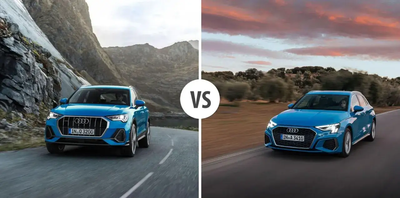 Porównanie Audi Q3 i A3: sprawdź audi q3 wymiary i styl. Dwa niebieskie Audi jadące po malowniczych drogach.
