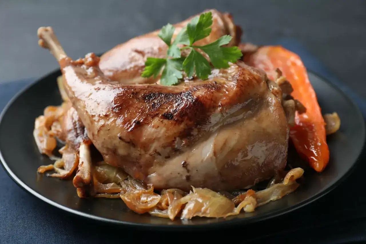 Un plat de lapin rôti, garni de persil, servi sur des oignons caramélisés et des carottes. Une délicieuse recette de lapin.