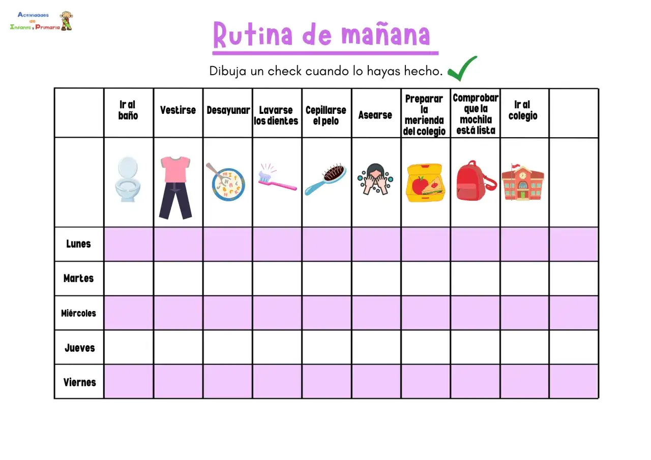 Tabla de hábitos para la rutina de mañana: ir al baño, vestirse, desayunar, lavarse los dientes, cepillarse el pelo, asearse, preparar merienda y mochila, e ir al colegio.