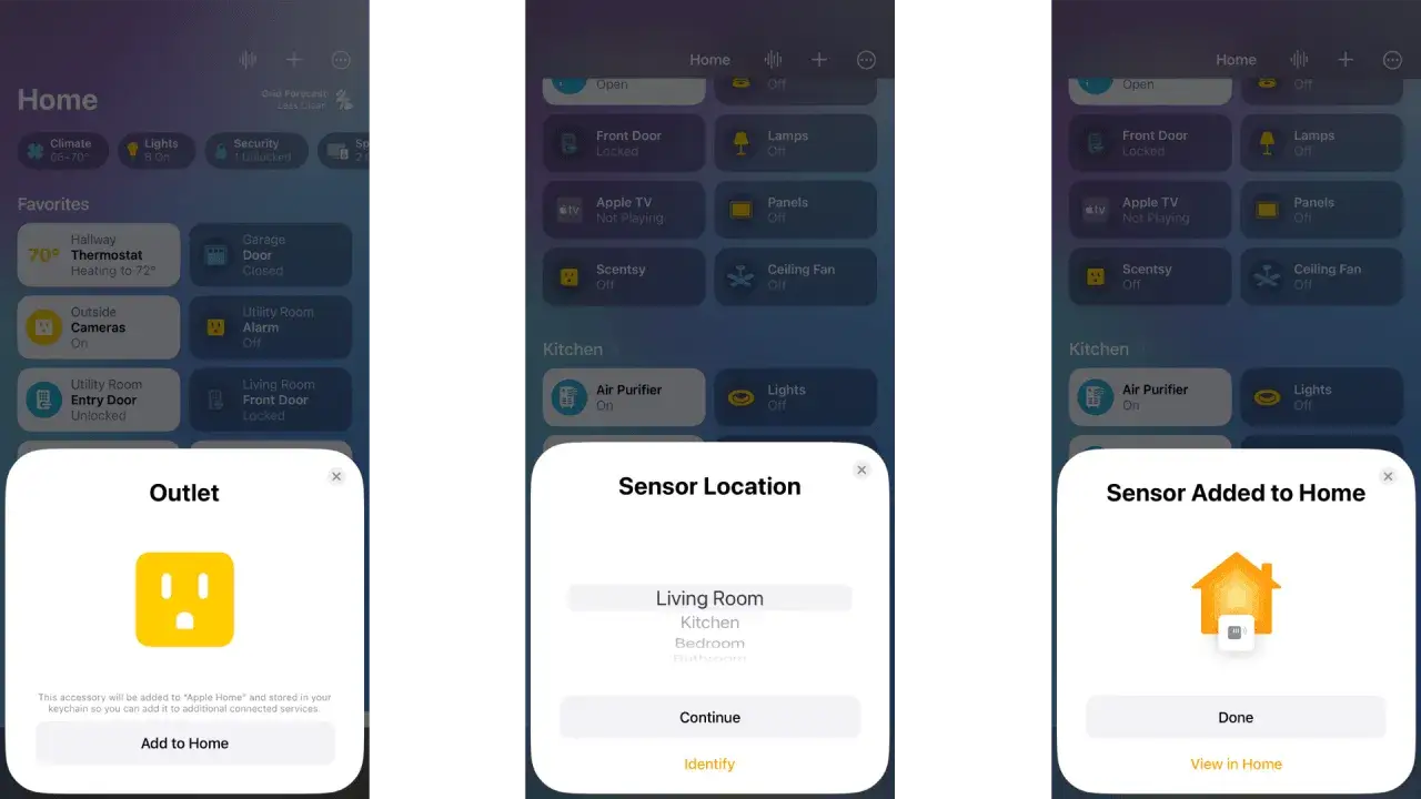 Einrichtung eines smarten Steckers (Outlet) in der Apple Home App. Der Prozess zeigt die Auswahl des Standorts und die Best&auml;tigung, dass das Ger&auml;t zum Apple Home hinzugef&uuml;gt wurde. Das ist das Kernst&uuml;ck des Apple Home Systems, das die Verwaltung von Sm...