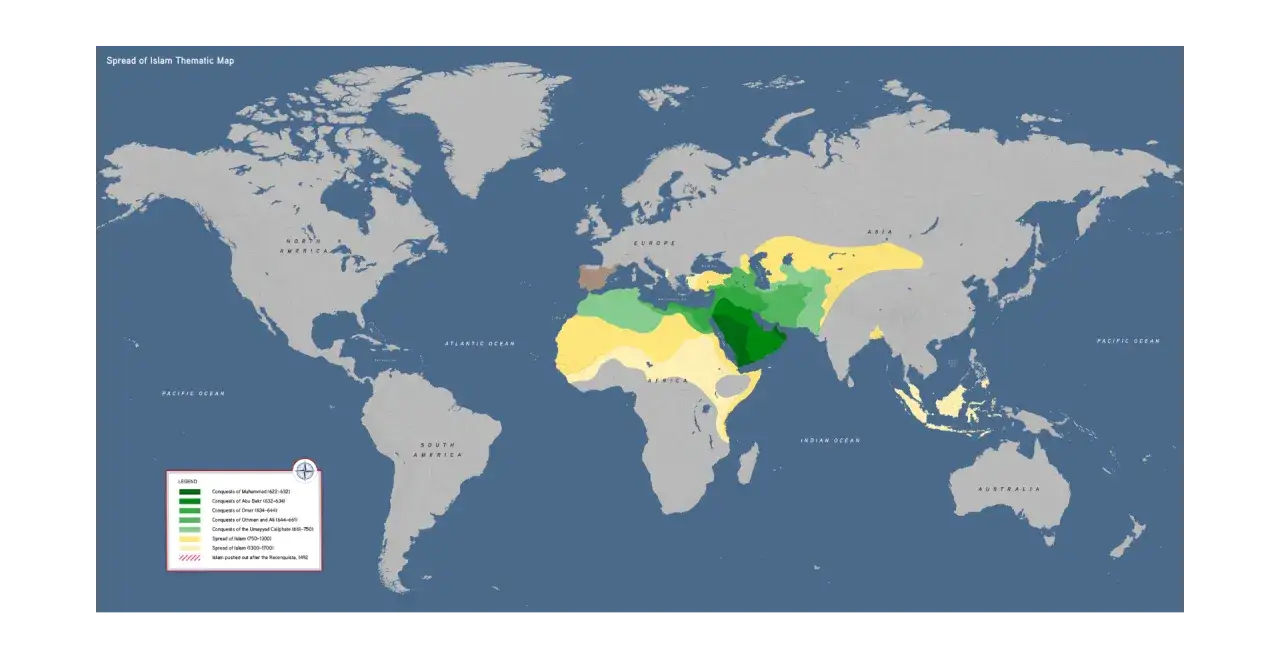 Karta visar islams spridning, med början med profeten Muhammeds erövringar i Arabien.