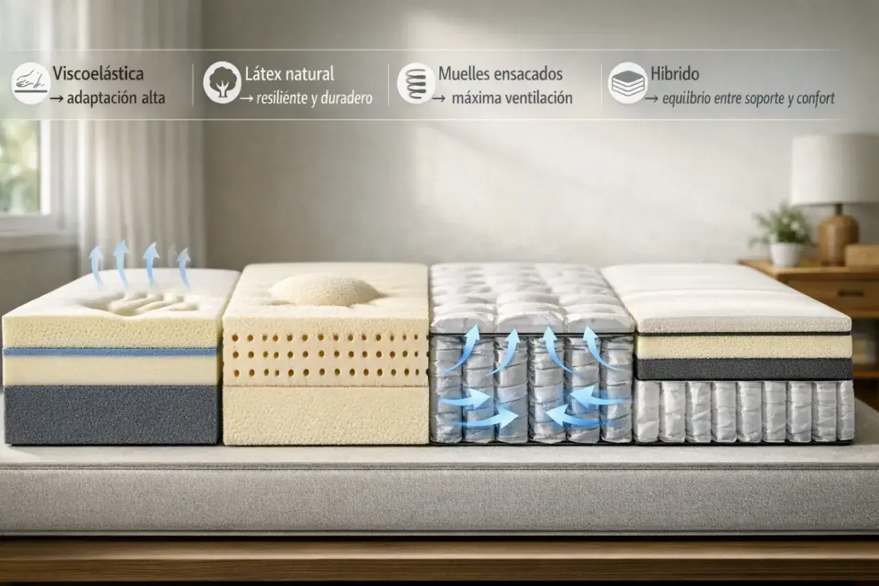Se muestran cuatro secciones de colchones: viscoel&aacute;stico, l&aacute;tex natural, muelles ensacados y h&iacute;brido. Cada uno destaca un grosor colchon diferente y sus beneficios.
